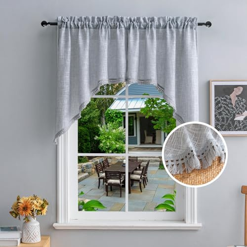 Beda Home Tassel Linen Textured Swag Valances for Farmhouses’ Kitchen; Light Filtering Rustic Short Swag Topper for Small Windows Bedroom Privacy Added Rod Pocket Design, Grey, 36 x36 inch, 1 Pair