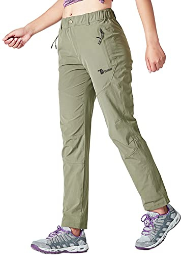 YSENTO Pantalones de senderismo para mujer, impermeables, de secado rápido, elásticos, con bolsillos con cremallera, verde claro, L