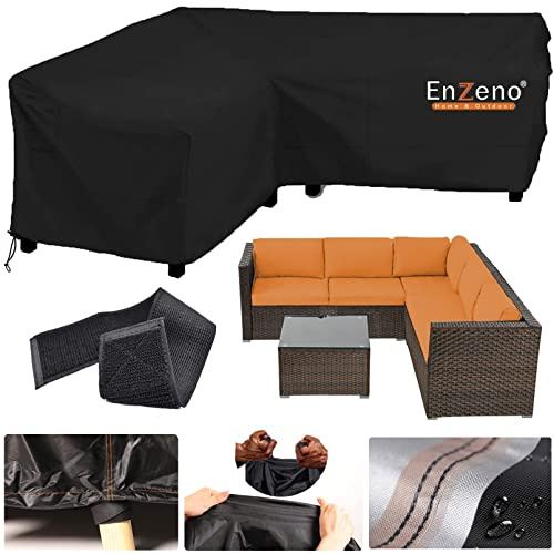 Enzeno Housse de Protection pour Mobilier de Jardin,pour Canapés d'angle | 260x210x87/80/70cm,imperméable et coupe-vent,tissu 420D Oxford,bâche pour canapé d'angle extérieur,ensemble d'angle lounge