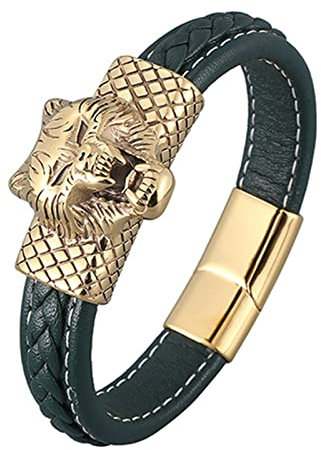 Ayoiow Männer Armband Indianer, Männer Armbänder Edelstahl Armband Leder Männer Grün Armband mit Wolfskopf