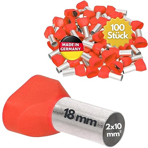 Kalitec 100x Zwillingsaderendhülsen 2x10,0mm² - 18mm Twin Endhülsen Rot