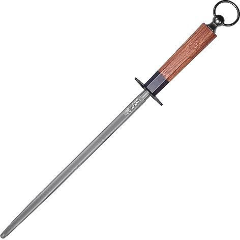 MITSUMOTO SAKARI 12 inch Honing Steel Rod - Round Knife Sharpening Rod, Diamond-Coated High Carbon Steel with Rosewood Handle for Kitchen & Chef Knives