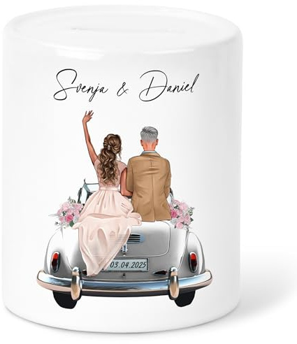 Spardose Hochzeit personalisiertes Geldgeschenk Sparschwein mit Hochzeitsauto & Brautpaar Hochzeitsgeschenk Geld Sparbüchse aus Keramik (Brautpaar V2)