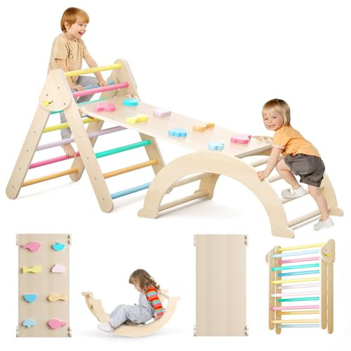 Lischwert Klettergerüst Indoor, 5-in-1 Montessori kletterdreieck mit Rutsche, Kletterbogen, Stabilem Bunter Baby-Klettergerüst und Kletterdreieck für Kinder von 1-6 Jahren