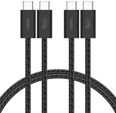 Belkin Pack de 2 Câbles USB-C vers USB-C avec gaine tressée (1,5 m, 240 W, doux au toucher, souple, recharge rapide, pour iPhone 17 et iPhone 16, Galaxy S25, Pixel 10, iPad Pro, etc., noir)