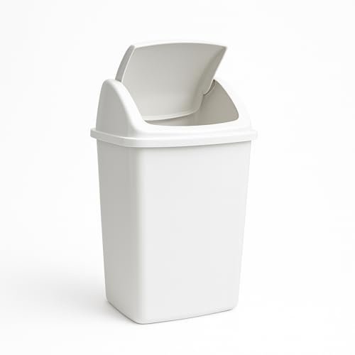 TECHZOCO Cubo basura plástico, Cubo basura apertura basculante, Papelera basculante, Basura para baño, Libre BPA, 40 cm altura x 20 cm ancho x 15 cm fondo, PP5 Plástico, Capacidad 9 Litros, Blanco