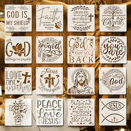 16 Pezzi di Stendardi Cristiani 15 x 15 cm (cm, Riutilizzabili Versetti Biblici & Motivi di Fede, Set di Stencil per Pittura su Legno, Fai da Te, Decorazione Murale & Insegnamento Religioso)