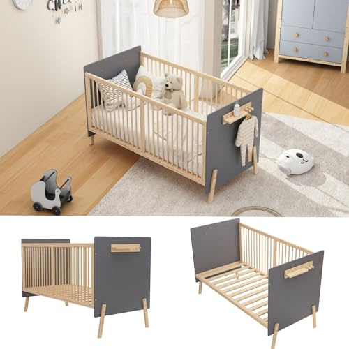 Generisch Massivholz Babybett mit 3-stufiger Höhenverstellung – Umweltfreundliche Lackierung, Beistellbett & Sofabett Funktion, 163x80x92cm, Blaugrau & Naturholz