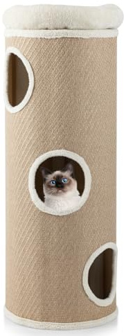 GYMAX Kratztonne Ø 40 cm, Höhe 103 cm, 3-stöckige Katzentonne mit gepolsterter Aussichtsplattform, 2 Sisal Kratzbretter & 3 Eingänge, Katzenhaushöhle für Katzen