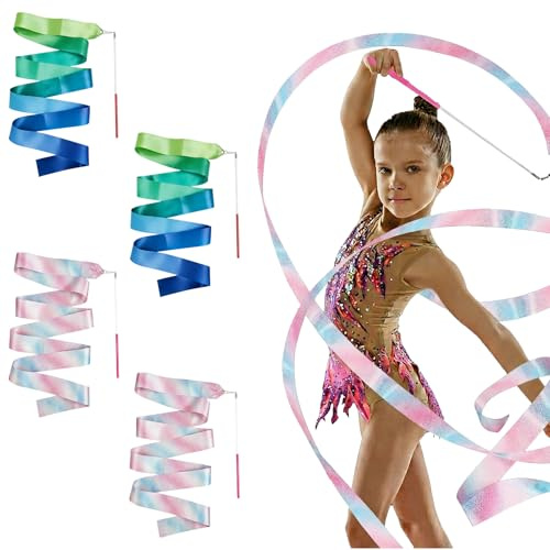 Tacitmeet 4 Pcs Gymnastics Ribbon for Kids, 78.7 Inch Colorful Dance Ribbons for Children with Red and Pink Wand, Dancing Ribbon Streamers for Talent Shows, Artistic Dancing, Baton Twirling