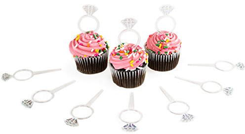 Super Z Outlet Plastic Acrylic Clear Glitter Diamond Design Engagement Ring Cupcake Toppers for Bridal Shower, Wedding Table Cake Decorations, Party Supply Favor Accents, Arts & Crafts (24 Pack)