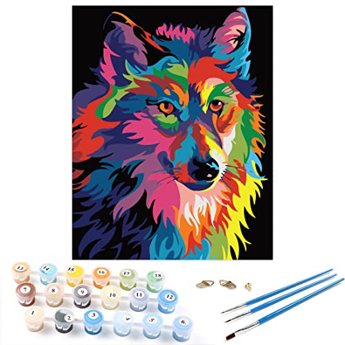 RIHE Malen nach Zahlen ohne Rahmen, DIY-Ölgemälde, Motiv: Bunter Wolf, Leinwanddruck, Wandkunst, Heimdekoration