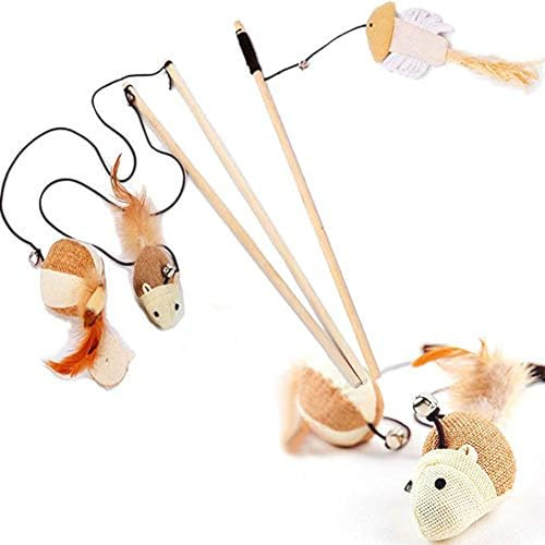 Carykon Naturlig sisalstav teasers och tränare för katt kattunge, Katt Tillbehör med mus/pumpa/fiskleksak, klocka, fjäder, elastisk sträng och robust trästång, set med 3