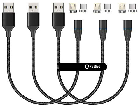 N. NETDOT Magnetic Charging Cable,2in1 Gen12 (1ft/3 Pack Black) 18W Fast Charging and Data Transfer Magnetic Charger for USB-C and Micro-USB Phones