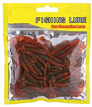 50 STÜCKE Angelköder Köder Set, Kunststoff Weiche T-Tail Köder, 9 Farben Grub Worm Köder Fisch Bekämpfen Zubehör (rot)