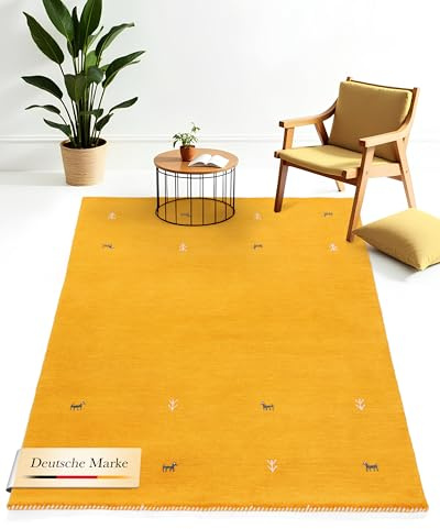 carpetfine Wollteppich Gabbeh Uni Gelb 60x90 cm | Moderner Teppich für Wohn- und Schlafzimmer