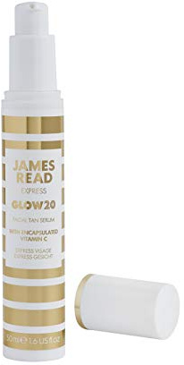 JAMES READ Glow20 Express ansiktsbrunningsserum 50 ml ansiktssolbränning självbrun med C-vitamin och hyaluronsyra, färglös formel, resultat på 20 min, resevänlig, naturlig färg