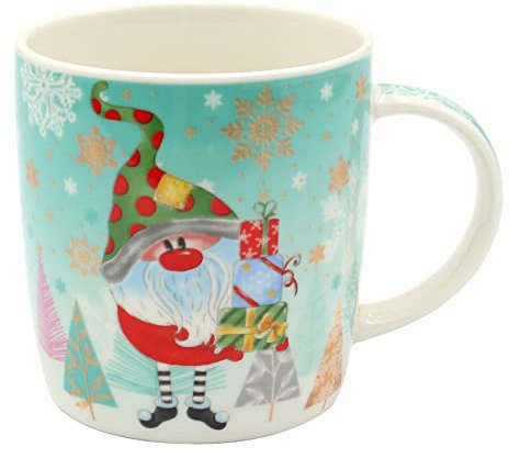 Dekohelden24 Porzellan Weihnachts-Tassen - Bunte Wichtel - als 2er Set, L/B/H 8 x 12 x 9 cm, Fassungsvermögen 340 ml.