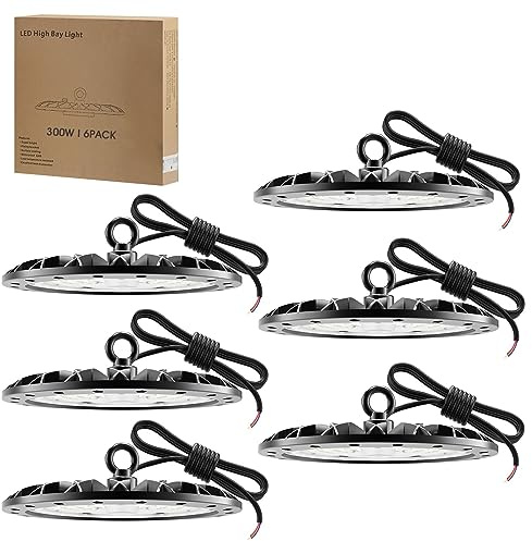 Royana 6pcs 300W 30000LM UFO Lámpara Alta Bahía 6500K Blanco Frío LED Salón Proyector Lámpara, Impermeable IP65 Brillante Iluminación Comercial Bahía Luces para Almacén, Garaje, Fábrica, Taller