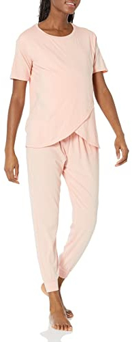 Amazon Essentials Women's Soft Cotton Modal Maternity and Nursing Pajamas, Short Sleeve Loungewear Sleepwear Set with Pants, Blush, X-Small