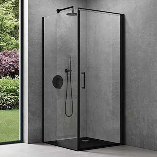 doporro Cabine de Douche en Angle Montage réversible Noir 100x90x195 Paroi de Douche Design Ravenna36K-Plus Porte Pivotante Autolevante en Verre Transparant de 8mm