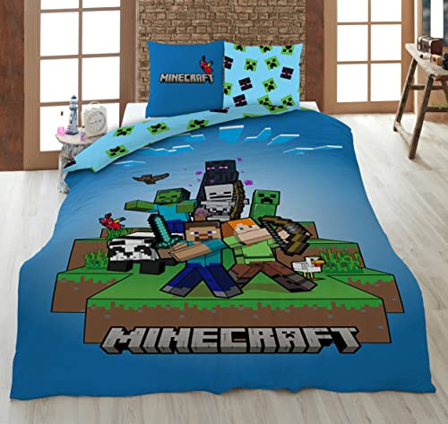 AYMAX Minecraft Ready to Survive 100% Juego de ropa de cama infantil, 135 x 200 cm, funda nórdica y funda de almohada de 80 x 80 cm, microfibra