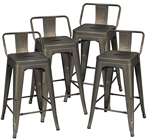 LIFEZEAL Set di 4 Sgabelli da Bar, Sedie Impilabili, Sedie da Pranzo, Ergonomico, Schienale Basso, Rimovibile, Pioggiapiedi, in Acciaio, Sala da Pranzo, Soggiorno, Peso Max 150 kg, 43x43x79 cm, Nero