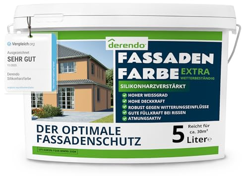 derendo Fassadenfarbe Gelb EXTRA silikonharzverstärkt aussen Ockergelb 5l | Für Putz Beton, Abperleffekt, wasserabweisend, UV-beständig, hohe Deckkraft, rissfüllend, diffusionsoffen, Made in Germany