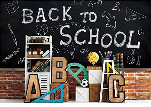 YongFoto 2,5x1,8m Zurück zur Schule Hintergrund Tafel Ziegelwand Stationär Bücherregal Globe Fotografie-Hintergrund für Kindergarten Vorschule Erster Schultag Kinder Porträt Fotoshooting Requisiten