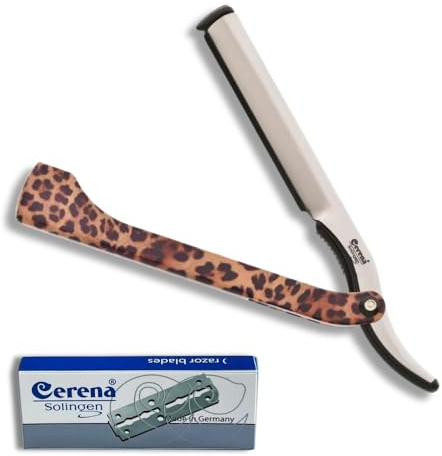 Cerena Profi Rasiermesser mit Wechselklinge aus Hochwertigem Edelstahl – Rasiermesser Herren inkl. 2 Rasierklingen – Barber Messer Made in Solingen (Leopard-Print)