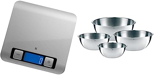WMF Digitale Küchenwaage 20 x 20 x 1 cm, Backwaage & Gourmet Schüsselset 4-teilig, Edelstahl Schüsseln für die Küche 1,0l - 3,5l, Rührschüssel, Salatschüssel, Servierschüssel, Cromargan, stapelbar