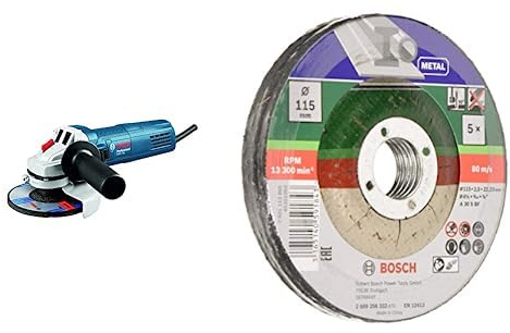 Bosch Professional GWS 700, Amoladora angular (700 W, 11000 rpm, Ø 115 mm, en caja) + Juego de 5 discos de tronzar, acodado para metal