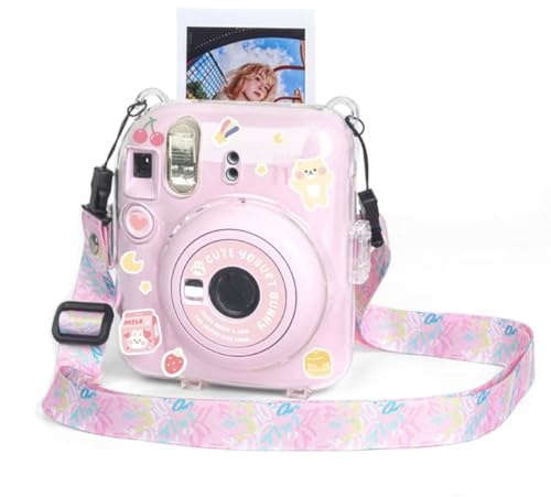 Berfea Étui de protection transparent en cristal compatible avec l'appareil photo instantané Polaroid Fujifilm Instax Mini 12 avec bandoulières, autocollants et poche de rangement pour photos, rose