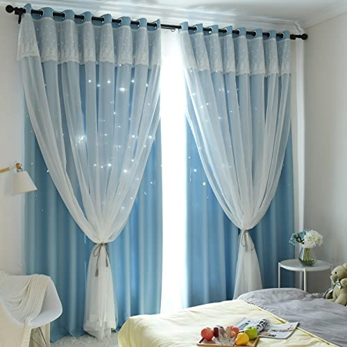 Freyamy Gardinen Mädchen Blau Schlaufenschal 2er Set Glänzend Sterne Spitze Vorhänge mit Ösen,Blickdicht Vorhang für Kinderzimmer Schlafzimmer Wohnzimmer Verdunkelungsvorhang 160 X 132 cm (HxB)
