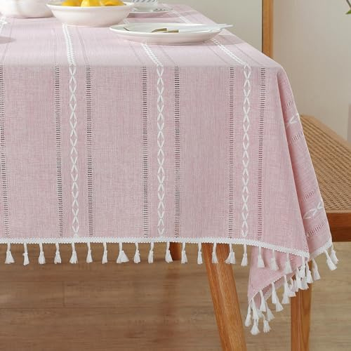 meioro Böhmische Tischdecke für Küche Dekoration, 100x160cm Makramee Tischtuch mit Quasten, Rechteckige Leinen Tischwäsche, Gestreifte Tafeldecke Mesh Tischdecken für Esstisch Tabletop Dekor (Rosa)