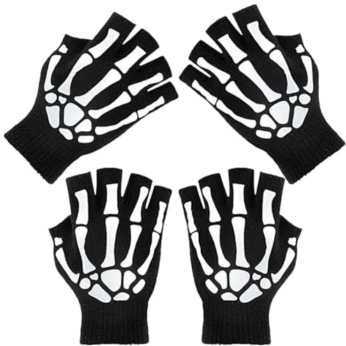 Amosfun 2paare Skeletthandschuhe für Halloween Warme Halbfingerhandschuhe Kostümaccessoires für Kaltes Wetter Unheimliches Totenkopfmuster Flexible Winterhandschuhe für Erwachsene