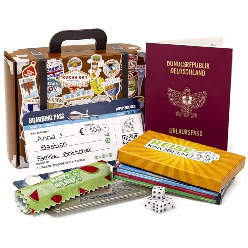 Reisegschenk für Gutscheine oder Geld im Mini-Pappkoffer | Mini Pappkoffer mit 7 Teilen, mit liebevoller Geschenkverpackung Reise Geschenkkoffer Gutscheine oder Geld verschenken