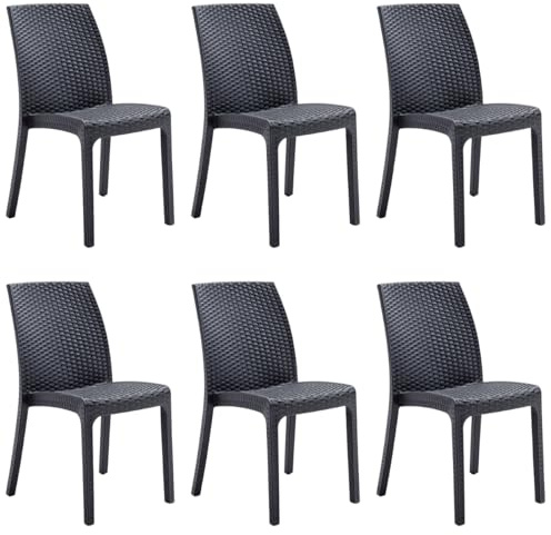 Tomaino - Sedia Da Giardino In Plastica Impilabile - Set da 6 Sedie Impilabili Per Tavolo da Esterno in Rattan - Poltrona in Polipropilene per Casa, Giardino, Balcone, Bar (Nero)