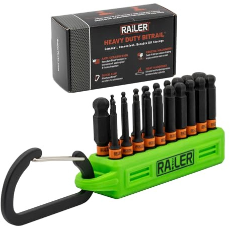 Railer 2-Inch Ball End Hex Bit Set, 20-Pc S2 Steel (Metric/SAE) with Torsion Zone, Compact Bit Holder Storage & Carabiner for Furniture Screws | Angled entry SAE & MM tips for furniture assembly. Extended 2 reach with torsion zone, bit holder & carabiner clip.