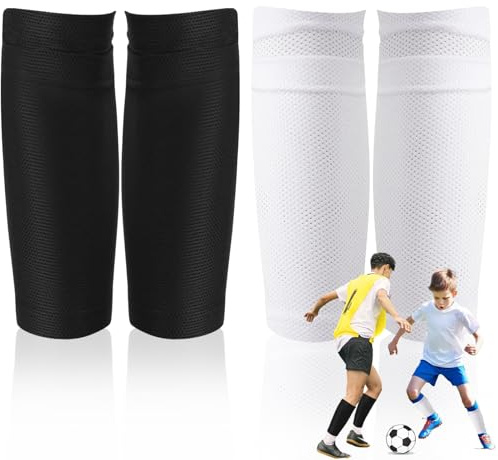 Basetousual 2 Pares Calcetines para Espinilleras, Malla Transpirable, Sujeta Espinilleras Futbol, Espinilleras Futbol Niño, Fáciles de Quitar para Niños, Adolescentes y Adultos (Blanco y Negro)