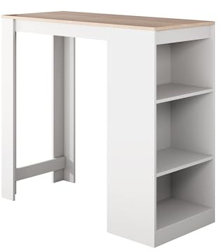 MB Muebles Bonitos, Tavolo Alto da Bar Kyra, Barra da Cucina in Stile Moderno con 3 Ripiani, Melamina Opaca, Bianco e Somoma, 110x103x50cm