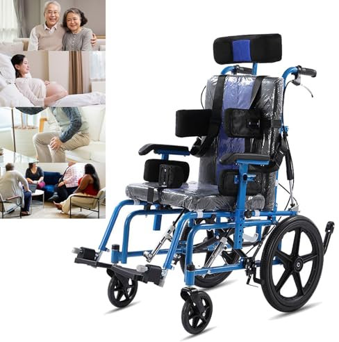 Carrozzina completamente reclinabile, carrozzina manuale da viaggio, carrello per carrozzina per paralisi cerebrale per adulti/bambini, con schienale alto, cintura di sicurezza, carrozzina per mobilit