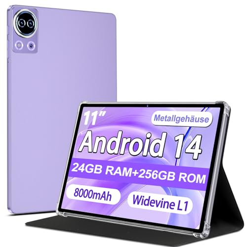 Tablet 11 Zoll Android 14, Gemini AI, 24GB RAM + 256GB ROM (erweiterbar bis 1TB), Octa-Core 2.0GHz, 8000mAh, Widevine L1, 13MP + 5MP, 5G WLAN, 1280×800 HD Tablet mit Hülle & Metallgehäuse – Violett