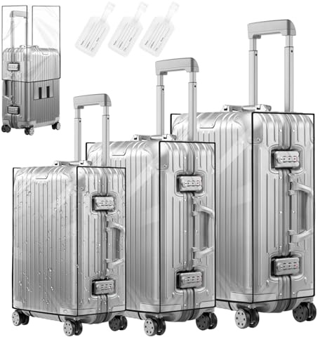 MAOMUN 3 PCS Clear Suitcase Cover with 3 Luggage Tags, Waterproof PVC Suitcase Covers Protectors Luggage Covers for Suitcases 20/24/28inch, Dustproof Luggages Cover for Travel Business Daily Using
