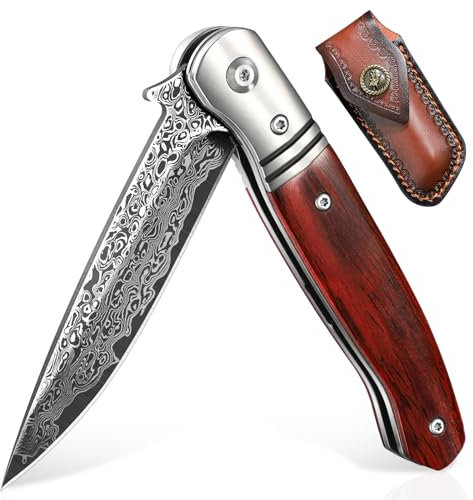 DRAGON RIOT Damast Klappmesser, Hochwertig Taschenmesser aus VG10 Edelstahl Einhandmesser mit Leder Scheide, Damastmesser für Wandern Bushcraft Camping Geschenke für Männer