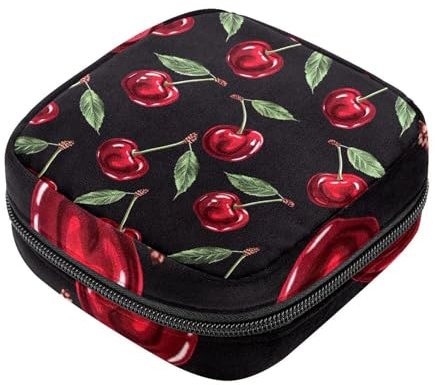 Aufbewahrungsbeutel für Damenbinden, schwarzer Hintergrund, Kirschmotiv, Oxford-Stoff, Menstruationstassenbeutel, Stillunterlage, Tampon, Periodenbeutel mit Reißverschluss, für Teenager, Mädchen,