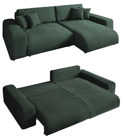 Modernes Cord Ecksofa B255/H165/T84 cm mit Schlaffunktion und Bettkasten, Wellenunterfederung, L-Couch links oder rechts montierbar, Liegefläche 148x196 cm, Cord-Bezug in Grün / 21005