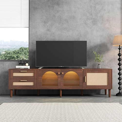 Wiuzo 180 cm brauner TV-Schrank für 80-Zoll-Fernseher – mit 2 Rattan-Schubladen, 2 gewölbten Glastüren und 1 Rattan-Tür, LED-Beleuchtung, bietet stilvolle Aufbewahrung, TV-Board (180 * 40 * 50cm)