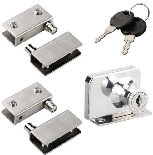 Glastürscharniere, 90° drehbares Scharnier, doppelt offenes Glasschrankschloss, Sicherheitsschloss, Glas ohne Bohren, Edelstahl, passend für 5–8 mm Glas, 409 (doppelt offen, Silber) (Hinge Lock)