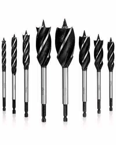 eSynic Professional 8-Piece Self-Feed Wood Drill Bits Set | High-Carbon Steel Hex Shank Auger Bits (10-32mm) for Fast Clean Drilling in Wood, MDF & Plywood | for Bench/Hand/Impact Drill